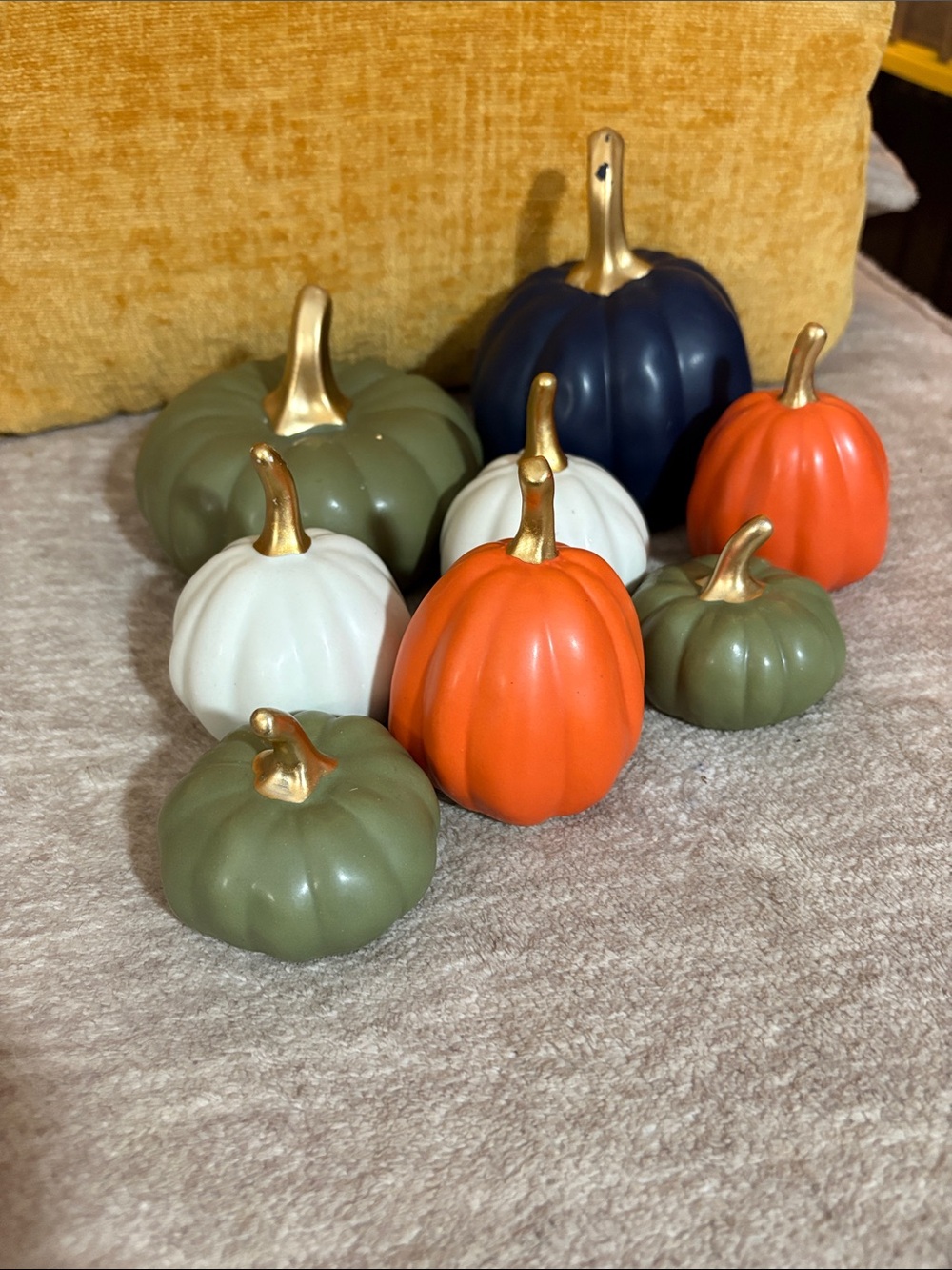 Decorative Ceramic Pumpkin Set of 9 - Orange, White, Olive, Navy, Gold stems